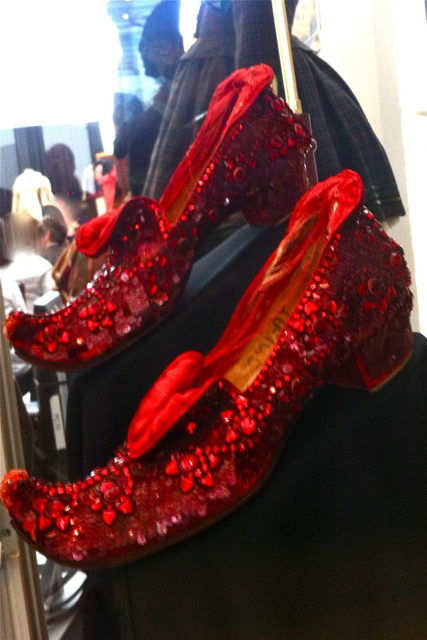 The curled-toe “Arabian” Ruby Slippers on display at the auction of the collection of Debbie Reynolds in Beverly Hills on June 18, 2011. Photo Credit