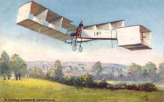 French postal card showing Santos-Dumont flying the “No. 14 bis” in 1905.,