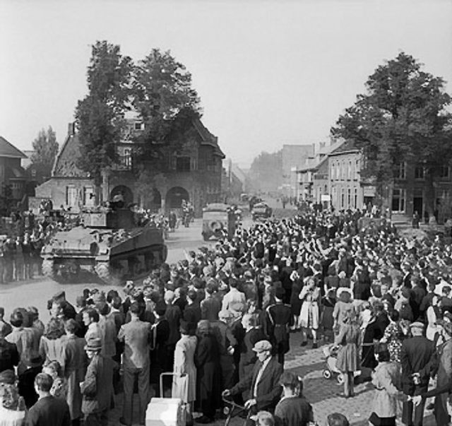 British Sherman tanks liberate Valkenswaard during Operation Market Garden, September 1944.