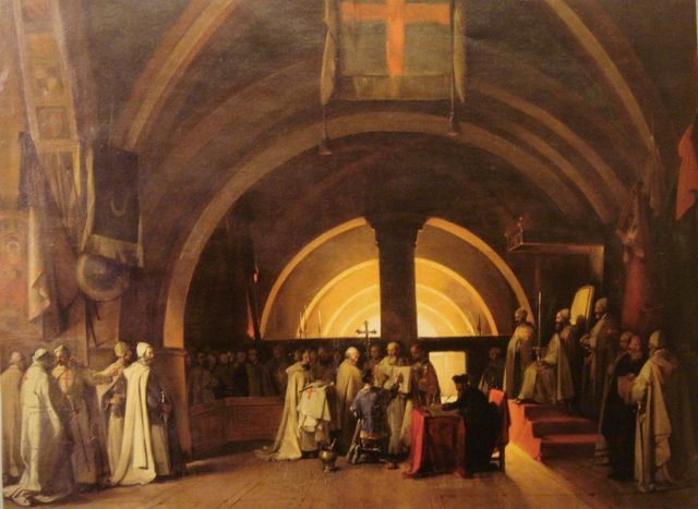 Reception of Jacques de Molay into the Order of the Temple, in 1265, who became the 23rd and last Grand Master of the Knights Templar, leading the Order from  April 20, 1292, until it was dissolved by order of Pope Clement V in 1307.