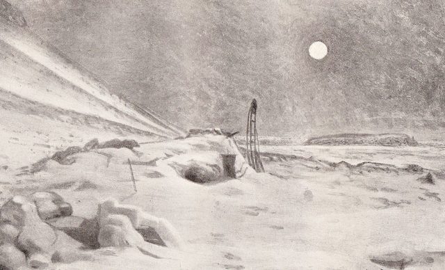 The hut on Franz Josef Land, covered in snow, in which Nansen and Johansen spent the winter of 1895–96. A drawing, based on Nansen’s photograph