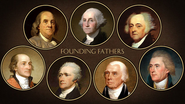 This image of the Founding Fathers as defined by historian Richard B. Morris. From top left: Benjamin Franklin, George Washington, John Adams. Second row from left, John Jay, Alexander Hamilton, James Madison, Thomas Jefferson. Author DonkeyHotey – CC – BY 2.0
