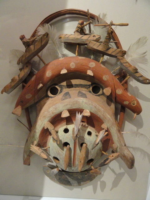 Wooden Tuunraq mask. The main motif is the Morse (walrus) head with Eskimo figures on it. 1905, Qissunaq, Peabody Museum of Archeology and Ethnology, Harvard University