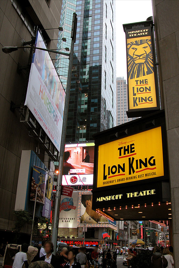 Advertisements for the musical adaptation of “The Lion King” at Minskoff Theatre in New York City. Author: Witchblue, CC BY 3.0.