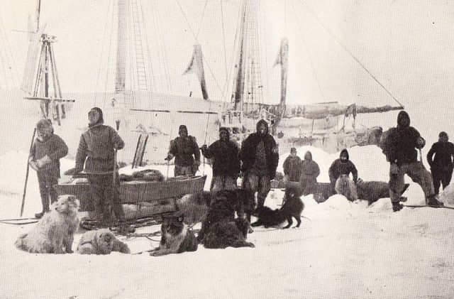 Nansen and Johansen ready from the Fram for their polar attempt on March 14, 1895. Nansen is second on the left while Johansen is second on the right