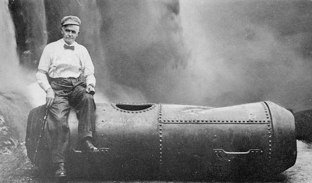 Bobby Leach and his barrel after his perilous trip over Niagara Falls, July 25, 1911