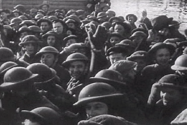 British troops rescued in a ship at Dunkirk (France, 1940). Screenhot taken from the 1943 United States Army propaganda film Divide and Conquer (Why We Fight #3) directed by Frank Capra and partially based on, news archives, animations, restaged scenes and captured propaganda material from both sides.