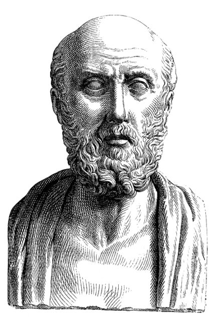 Hippocrates of Kos, a conventionalized image in a Roman “portrait” bust (19th-century engraving).