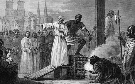 Jacques de Molay crying out his innocence just before he was burned at the stake in Paris in 1307.