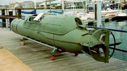 Italian Maiale manned torpedo “Siluro San Bartolomeo” displayed at the Royal Navy Submarine Museum, Gosport, UK