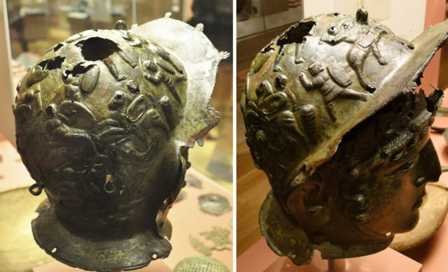 The visor-mask and crown are covered with relief scenes of skirmishes between infantry and cavalry. Such helmets were impractical for actual fighting and were worn by Roman cavalrymen on the occasion of “cavalry sports‟ events. Author: Helen Simonsson – CC BY-SA 2.0