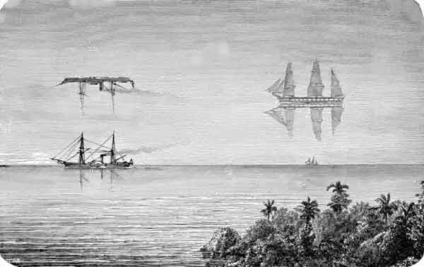 A 19th-century book illustration, showing a misleading fictional version of superior mirages, perhaps that of the Flying Dutchman. Actual mirages are never that far above the horizon and a superior mirage can never increase the length of an object, as shown on the right.
