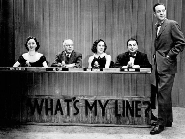 Left to right: Dorothy Kilgallen, Bennett Cerf, Arlene Francis, Hal Block, host John Daly on the game show What’s My Line?