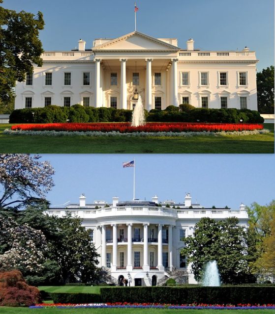 The north (top) and south (bottom) sides of the White House in Washington, DC Author:(top) Cezary p (bottom) MattWade CC BY-SA 3.0