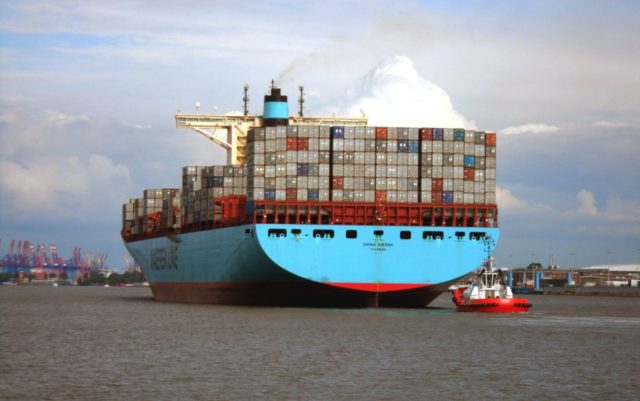 Container ship Emma Maersk with Destination Port of Hamburg in June 2014, Photo by Hummelhummel, CC BY-SA 3.0