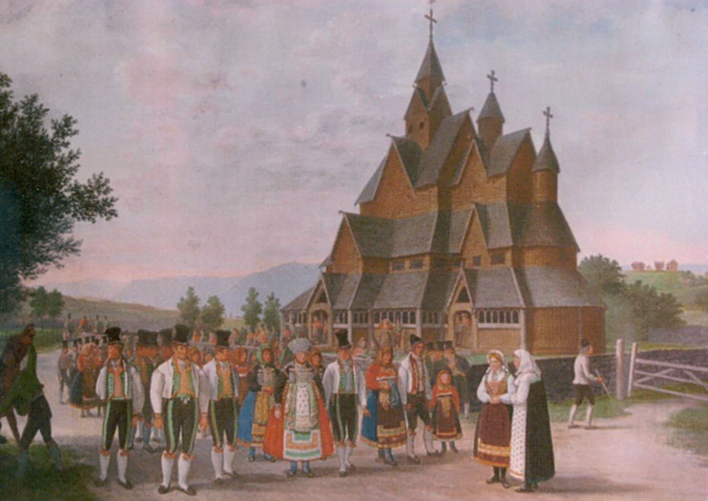 Stave church of Heddal, Norway. A painting of the Heddal stave church by Johannes Flintoe (1828)