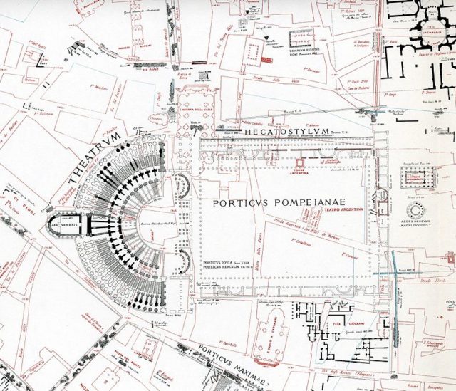 A map showing Pompey’s Theatre and other Roman structures in black and modern structures in red.