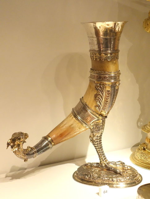 A drinking horn exhibited in the Nordiska Museum in Stockholm, Sweden.