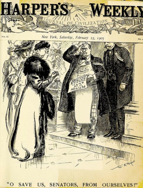 A political cartoon in Harper’s lampoons the anti-suffrage movement (1907)