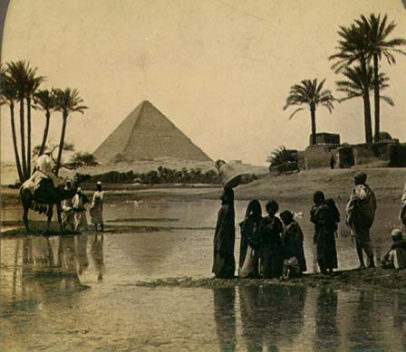 The Great Pyramid of Giza as seen on a 19th-century stereopticon card photo.