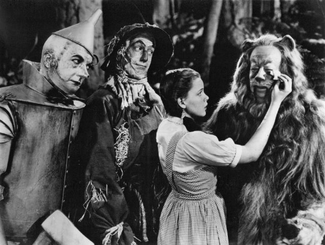 Publicity photo of American entertainers, from left, Jack Haley, Ray Bolger, Judy Garland, and Bert Lahr, used to promote the CBS broadcast of the 1939 MGM feature film “The Wizard of Oz.”