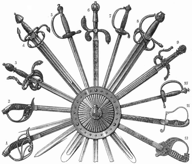 Epee – Fig. 1,2,12. New Prussian Epees. – 3 u. 4 Epee Philipps II. of Spain. – 5. Epee Frederick the Great. – 6. German epee of Duke Friedrich Heinrich of Nassau. – 7. Epee Napoleons I. – 8. Blade of the Colada of the Cid 16th century. – 9. Toledoepee. – 10 u. 11 Old Prussian Epees. Middle Schield.