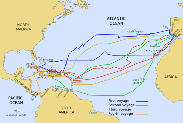 The routes of the four Voyages of Christopher Columbus. Maritime expeditions, during 1492 to 1504, to the Caribbean Islands and coast of Central America in North America. Author: Phirosiberia CC BY-SA 3.0