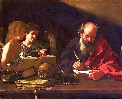 St. Jerome, who lived as a hermit near Bethlehem, depicted in his study being visited by two angels (Cavarozzi, early 17th century).