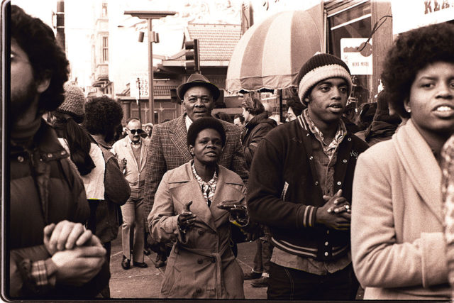 Peoples Temple members attend an anti-eviction rally at the International Hotel, San Francisco, January 1977. Author: Nancy Wong CC BY-SA 4.0