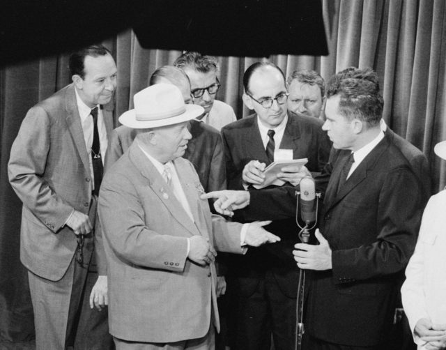 Soviet Premier Nikita Khrushchev and U.S. Vice-President Richard Nixon debate the merits of communism versus capitalism in a model American kitchen at the American National Exhibition in Moscow (July 1959) – photo by Thomas J. O’Halloran, Library of Congress collection