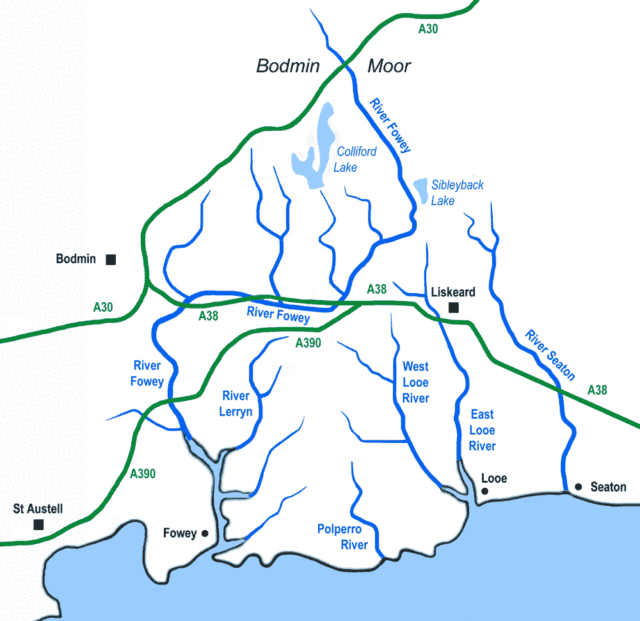 Sketch map of the rivers of south Cornwall including River Fowey, River Seaton, River Lerryn, Polperro River, East Looe River, and West Looe River Author:Andy F CC BY-SA 3.0