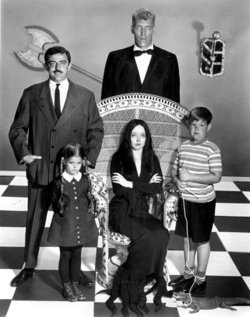 The main cast: Gomez (John Astin), Lurch (Ted Cassidy), Wednesday (Lisa Loring), Morticia (Carolyn Jones), and Pugsley (Ken Weatherwax).