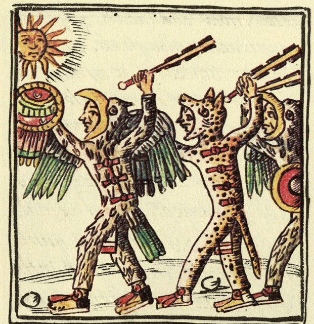 This drawing, from the 16th century Florentine Codex, shows Aztec warriors brandishing macuahuitls.