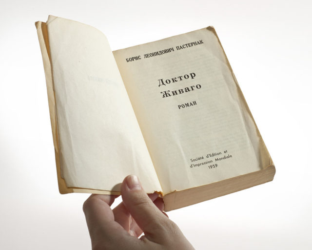 Copy of the original Russian-language edition of Doctor Zhivago, covertly published by the CIA. The front cover and the binding identify the book in Russian; the back of the book states that it was printed in France.