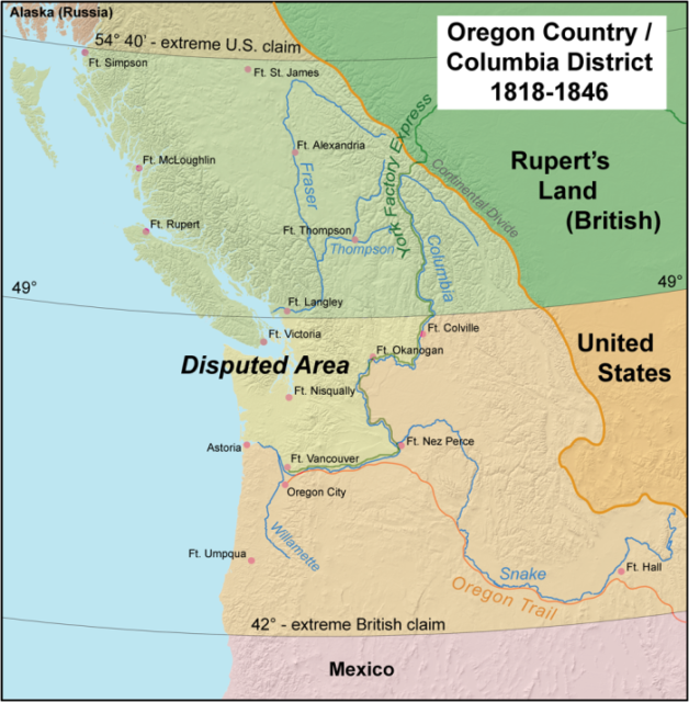 This map shows Oregon Country and the border dispute between the U.S. and Britain, 1818-1846. Author:Kmusser CC BY-SA 2.5