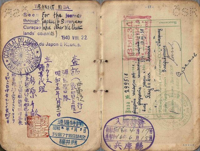 1940 issued visa by Consul Sugihara in Lithuania, showing a journey taken through the Soviet Union, Tsuruga, and Curaçao