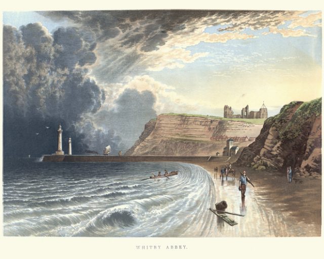 Vintage engraving of Whitby Abbey a ruined Benedictine abbey overlooking the North Sea on the East Cliff above Whitby in North Yorkshire, England. , 19th Century