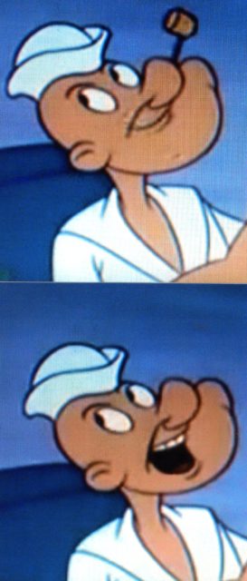 Popeye’s pipe suddenly vanishes mid sentence from Popeye the Popular Mechanic (Jack Kinney, 1960) Photos :King Features Syndicate