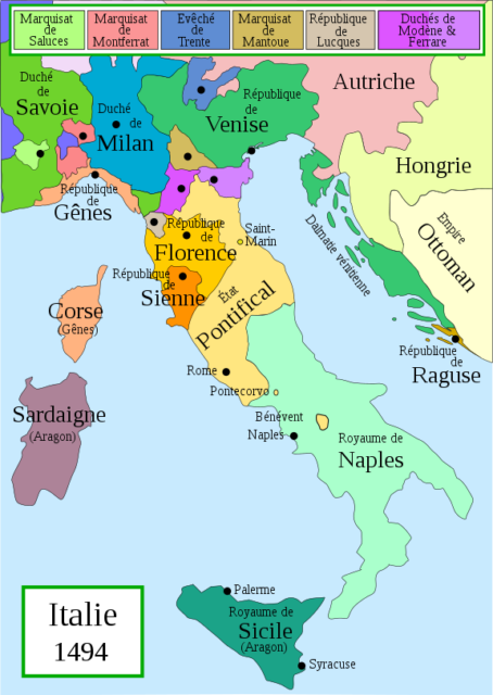 Political map of Italy in early 1494, before the invasion of Italy by Charles VIII of France, Author: MapMaster CC BY-SA 3.0