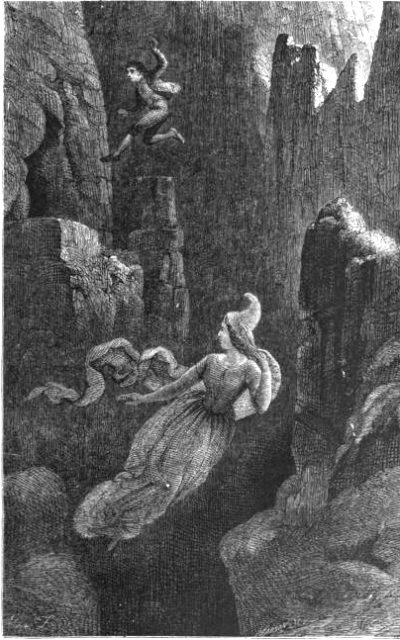 An engraving showing a man jumping after a woman (an elf) into a precipice. It is an illustration to the Icelandic legend of Hildur, the Queen of the Elves.