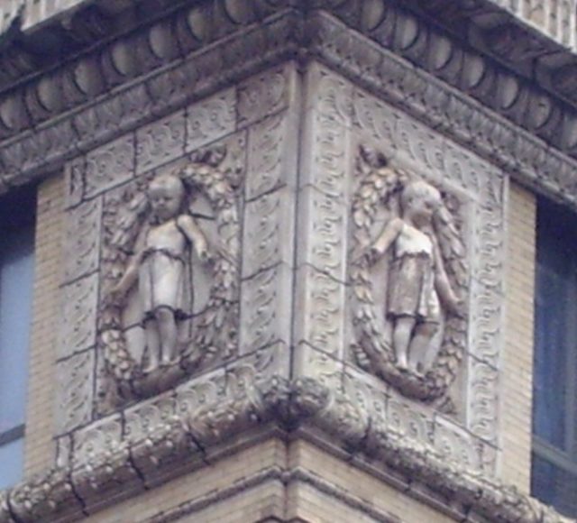A detail from the facade of 295 Park Avenue South at 23rd Street in the Flatiron District of Manhattan, New York City, built in 1892 as the headquarters of the New York Society for the Prevention of Cruelty to Children. The building was designed by Renwick, Aspinwall & Renwick. Author Beyond My Ken