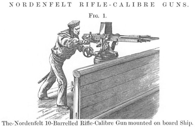 Sailor operating 10-barrel rifle calibre Nordenfelt gun, with right hand on lever