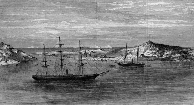 Polaris (right) and Congress at Godhaven, Disco Island, off the Coast of Greenland, an engraving from Harper’s Weekly, May 1873