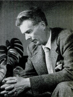 Monochrome portrait of a pensive Aldous Huxley.