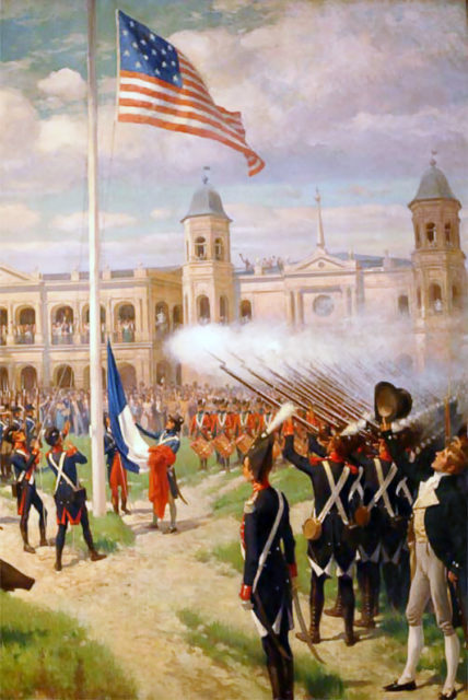 Flag raising in the Place d’Armes of New Orleans, marking the transfer of sovereignty over French Louisiana to the United States, December 20, 1803, as depicted by Thure de Thulstrup
