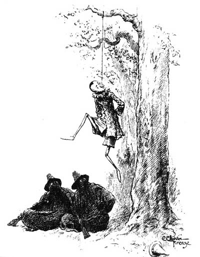The Fox and the Cat, dressed as bandits hang Pinocchio.