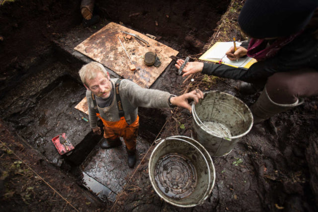Archaeologists excavate into the ground of the island. Grant Callegari/Hakai Institute