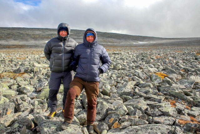 The finder Einar Åmbakk (right) and Geir Inge Follestad at the find spot. Photo: Espen Finstad, Secrets of the Ice/Oppland County Council.