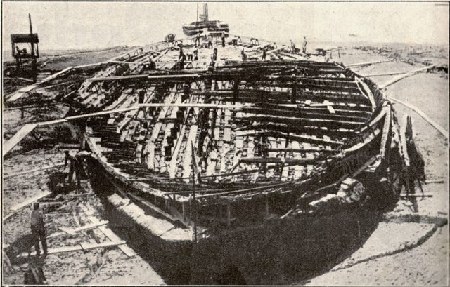 The larger of the two Caligula ships, found in the lake after it was drained in the 1930s.