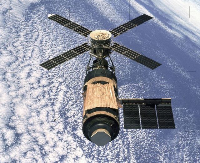 An overhead view of the Skylab Orbital Workshop in Earth orbit